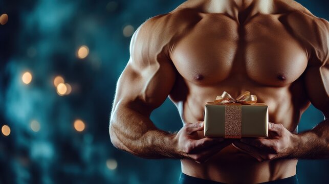 A muscular man holds a gift for a birthday or international women's day gift for a woman on March 8 . Congratulations on your present. Postcard template Happy Mother's Day, International Women's Day,