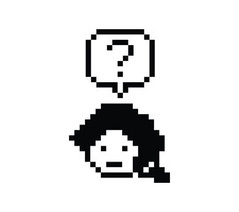 Fototapeta premium Cute pixel cartoon character woman with question mark decoration 8 bit female girl lady confused idea question mark think questionnaire choose cartoon pixel game 8bit png vector.