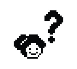 Fototapeta premium Cute pixel cartoon character woman with question mark decoration 8 bit female girl lady confused idea question mark think questionnaire choose cartoon pixel game 8bit png vector.