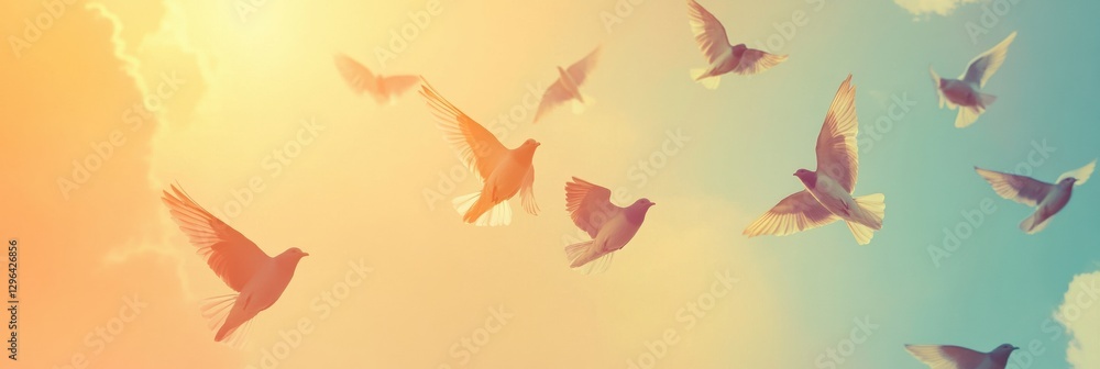 Poster colorful birds soaring in the sky during sunset with warm hues and soft clouds. generative ai