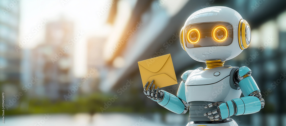 Poster cute robot holding envelope in office setting, showcasing friendly demeanor. background features mod