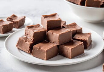 Homemade plain fudge pieces on a white ceramic plate