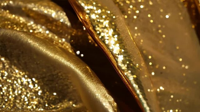 Gold glitter bokeh of satin fabric for background. Textile close up rippled elegant, creased silk. Metallic fashion golden color texture. Luxury shiny material slow motion glittering