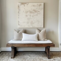 An inviting entryway with a rustic wooden bench