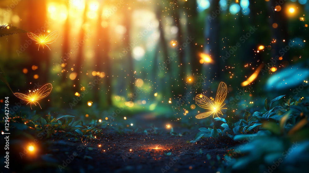 Poster fantasy forest with glowing fireflies illuminating narrow path, surrounded by lush greenery and soft