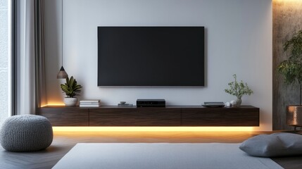 Chic floating TV unit with an elegant dark wood texture, LED strip lighting, and a clean white wall contrast. 3D rendering