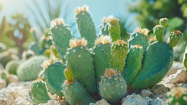 Opuntia microdasys cactus pads showing delicate fuzzy glochids and emerging new growth against soft, blurred background, highlighting botanical details