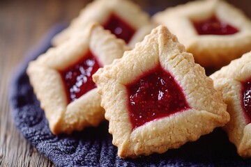 A plate of cookies with a blue cloth underneath. The cookies are square and have a red filling