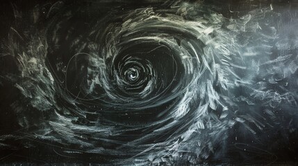 A black chalkboard with white chalk drawings of a spiral shape.
