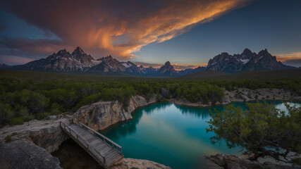 Stunning alpine lake with mountains at sunset