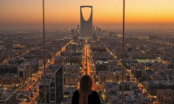 saudi arab woman backview looking to riyadh saudi arabia skyines