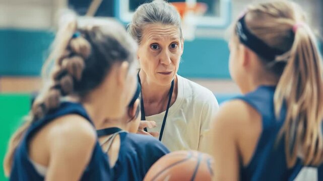 Experienced coach mentoring young female basketball players, analyzing game tactics and team dynamics during high intensity gym training session