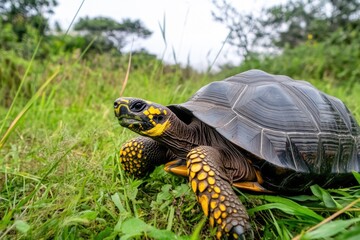 Obraz premium A turtle is walking on the grass. The turtle is brown and yellow. The grass is green