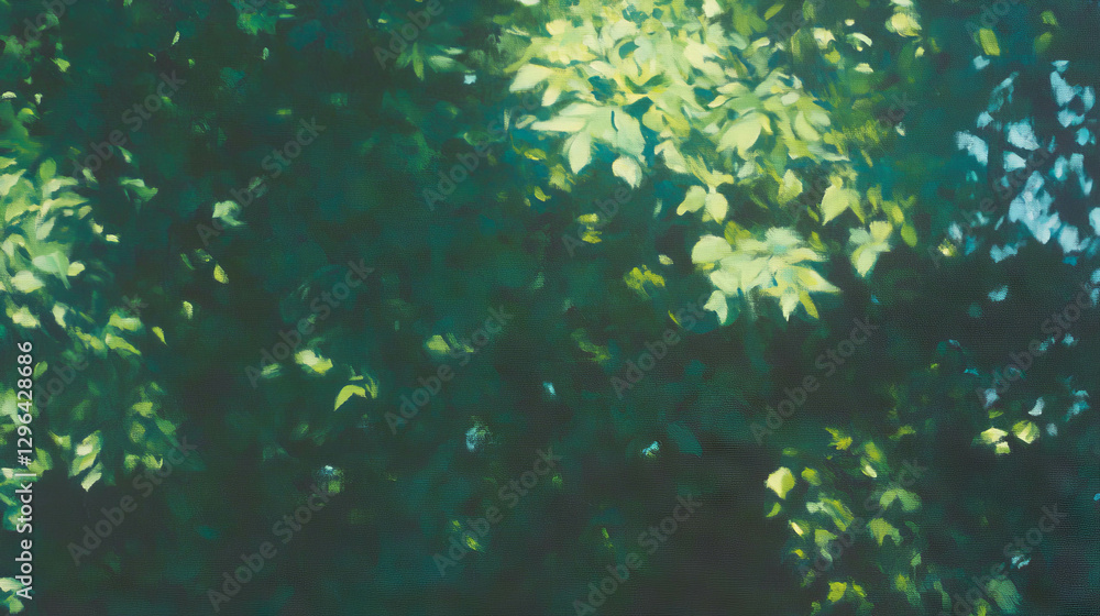Poster sunlight streaming through lush forest canopy for nature background