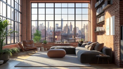 Chic modern loft with exposed brick, large windows, stylish decor, and an incredible urban skyline at sunrise. 3D rendering