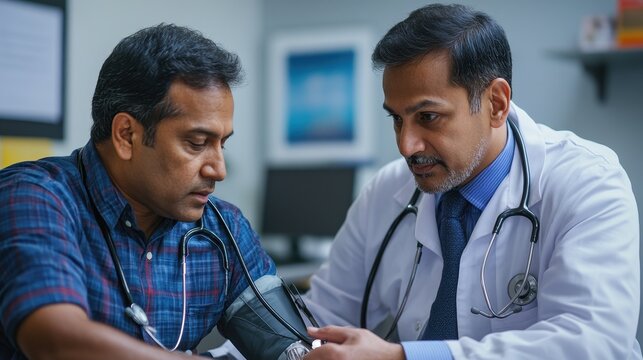 A doctor, his stethoscope gleaming in his pocket, meticulously checks the blood pressure of an Indian man, his face a picture of concern and care. The patient, relaxed and trusting in the doctor is