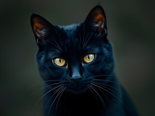Fototapeta premium Portrait of black cat staring with piercing yellow eyes in obscurity.