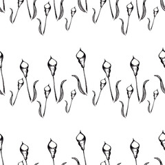 Seamless pattern with black calla lilies flowers in graphic style on a white background