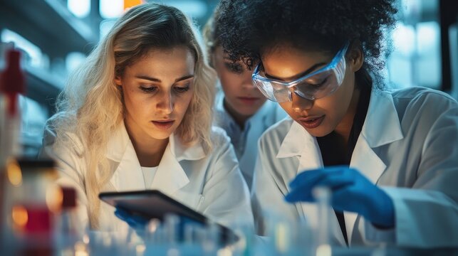 In the sterile white of a pharmaceutical lab, women scientists engaged in a stimulating discussion, their eyes fixed intently on a tablet is glowing screen. They delved into complex data, dissecting