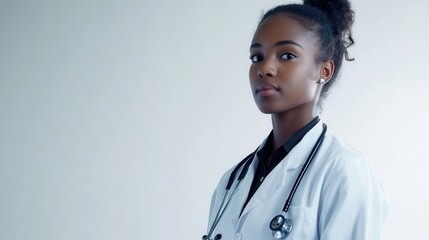 A young doctor, dressed in a pristine white coat, stood proudly against a pristine white background, a stethoscope casually draped across their shoulders, exuding an aura of professionalism and