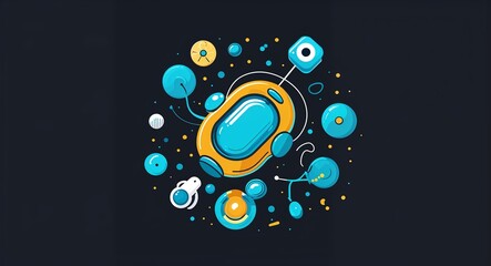 Obraz premium cyan thematic elements abstract cartoon on plain dark black background illustration