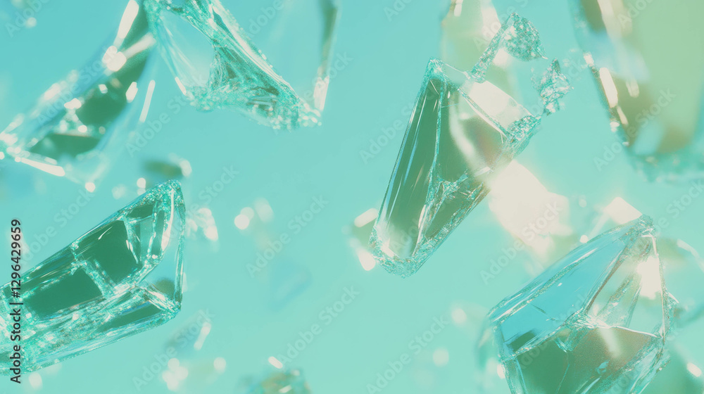 Poster teal broken glass background on light surface for design and decor concepts
