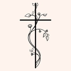 Minimalist Christian cross entwined with a delicate floral vine featuring leaves and blooming flowers. Symbolizing faith, renewal, for religious designs, invitations,tattoos,prints.Vector illustration