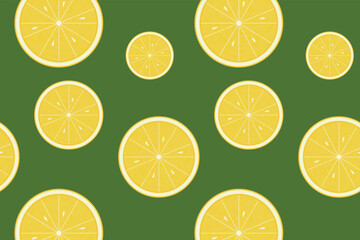 Fototapeta premium Round yellow lemon slices on a green background. Vector seamless background with lemons.