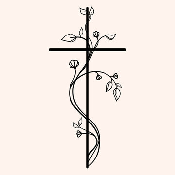 Minimalist Christian cross entwined with a delicate floral vine featuring leaves and blooming flowers. Symbolizing faith, renewal, for religious designs, invitations,tattoos,prints.Vector illustration