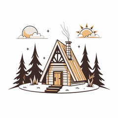 Charming cabin in the woods with sun and clouds, cozy retreat