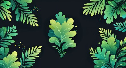 Obraz premium green decorative patterns abstract cartoon on plain dark black background illustration