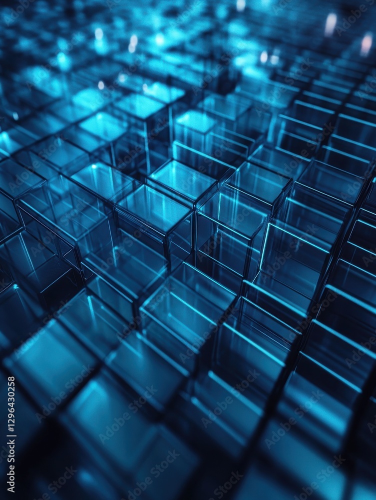 Poster futuristic, high tech, dark background, with a square block structure. wall texture with a 3d cube t