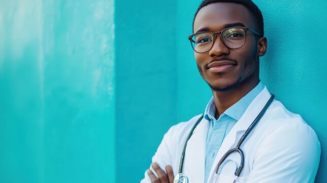 A young, confident medical doctor with a determined gaze stands against a vibrant blue backdrop, their steely gaze reflecting their dedication and professionalism.