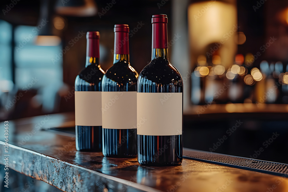 Aufkleber different types of wine bottles with blank labels displayed on a bar countertop. generative ai.