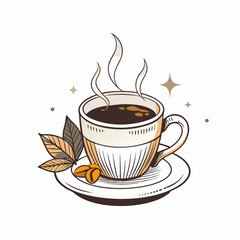 Steaming cup of coffee with beans and leaves, morning comfort