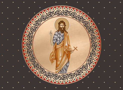 John Baptist, John the Immerser, Prophet Yahya, John the Baptizer. Decorative vintage dome illustration in Byzantine style