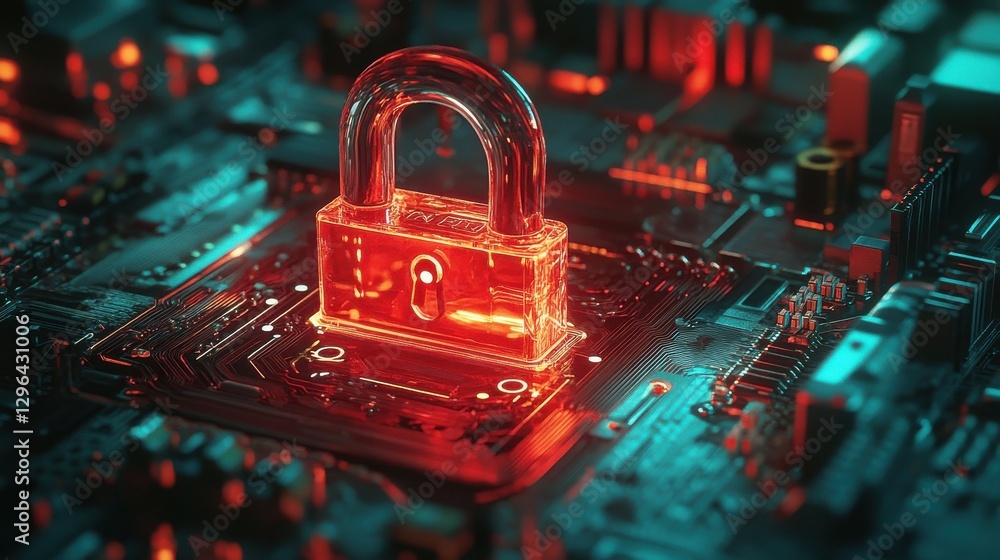 Poster transparent red padlock embedded in a circuit board symbolizing data encryption security and protect