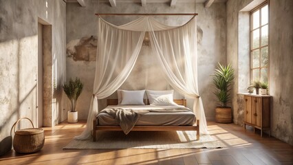 Serene Bedroom Sanctuary A Rustic-Chic Master Suite with Natural Light, Textured Walls, and a Flowing Canopy Bed