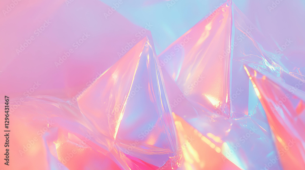 Poster translucent pyramids with soft light on iridescent background for modern design