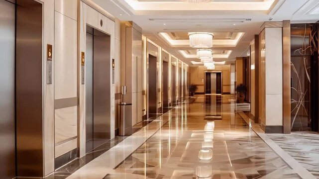 Polished marble floor reflecting overhead lights in expansive luxury hotel corridor featuring sleek elevator doors with pristine, contemporary design
