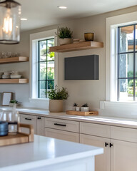 Modern kitchen interior featuring electrical panel mounted above cabinetry. Generative AI