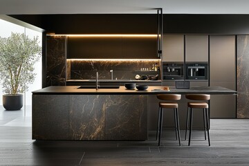 A sleek, modern kitchen with state-of-the-art appliances, a large island with bar stools, and a minimalist design