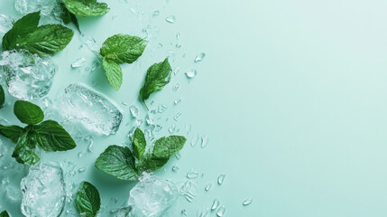 Mint leaves and ice cubes on a light blue background
