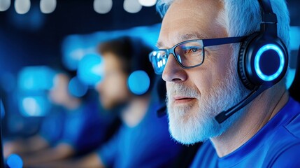 Dedicated Older Man With Headset In Active Environment