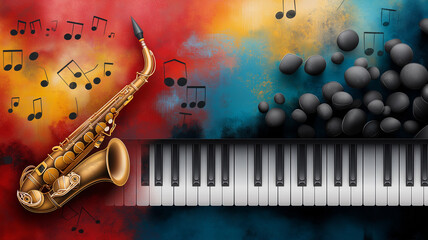 Naklejka premium vibrant illustration of jazz music featuring saxophone and piano, with colorful musical notes and abstract shapes creating lively atmosphere