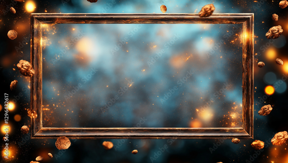 Poster captivating abstract background featuring wooden frame surrounded by floating particles and dreamy b