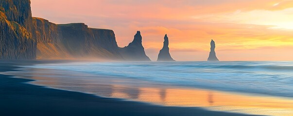 Stunning icelandic black sand beach with rock formations at sunset