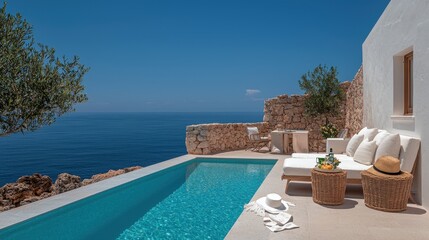 Obraz premium A luxury villa with a pool overlooking the scenic ocean