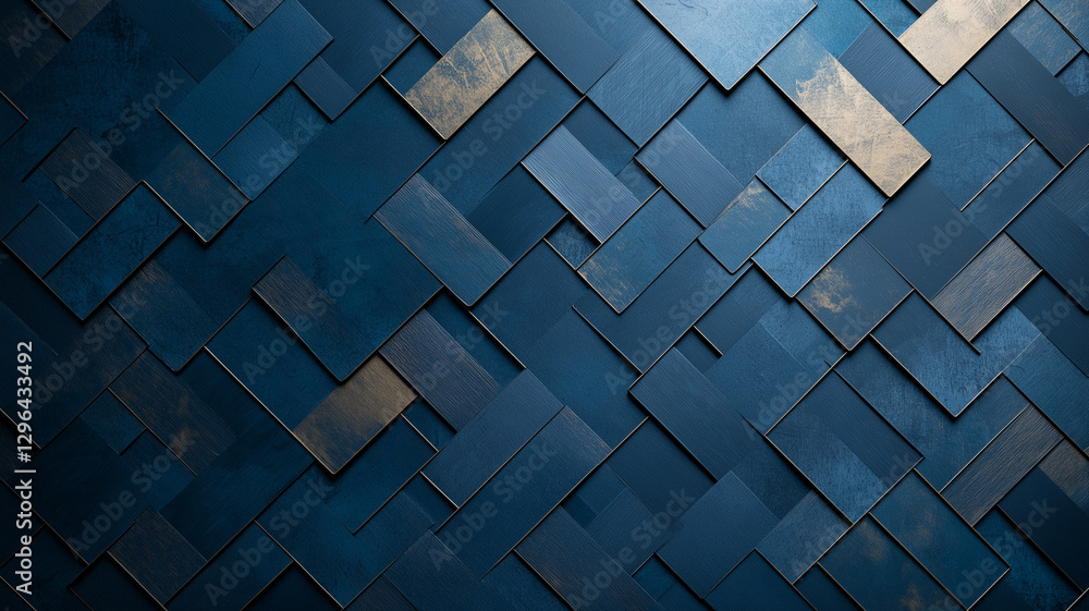 Poster textured blue background with overlapping metal panels, creating modern design. interplay of light a
