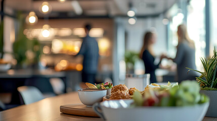 Lunch Break: A spread of salads and finger foods on a wooden table, with people chatting in the background, in a light-filled setting.